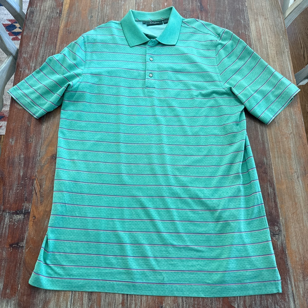 Bobby Jones Golf Polo Mens Large Green Striped 100% Cotton Embroidered Logo